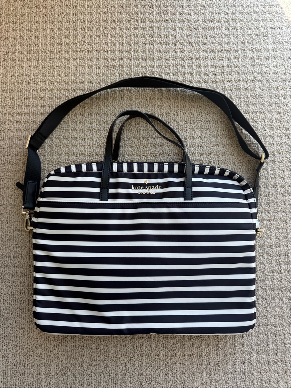 kate spade Black and White Striped Laptop Bag with Shoulder Strap